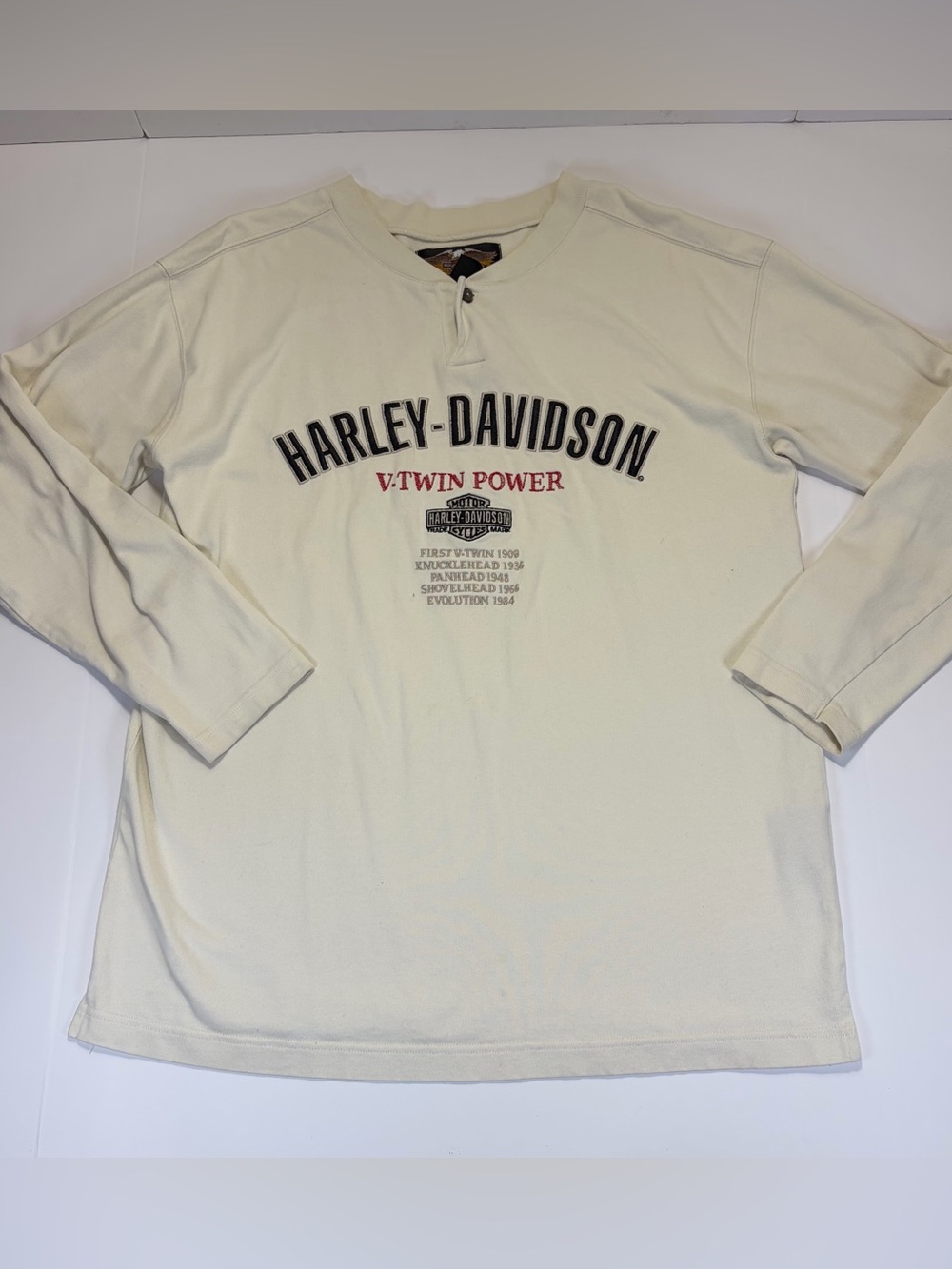 Y2K Harley Davidson Henley V-Twin Power Cream Long Sleeve Men’s L Biker Motocore